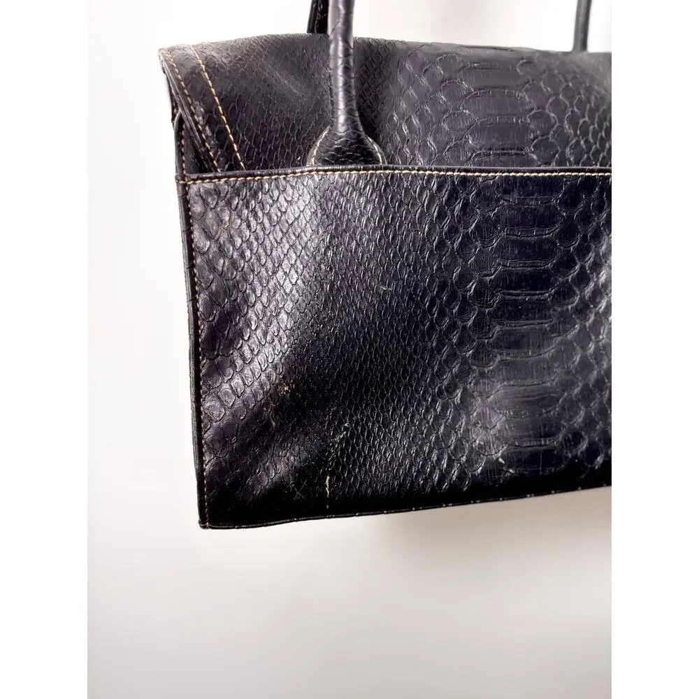 Vintage Y2K Liz Claiborne Black Leather Croc Satchel Bag Roomy Multi Pocketed - Picture 8 of 9